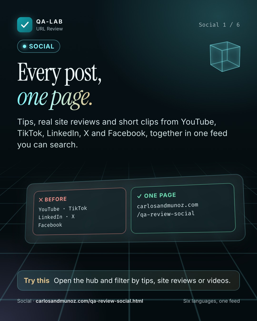 Every post, one page.. Tips, real site reviews and short clips from YouTube, TikTok, LinkedIn, X and Facebook, together in one feed you can search.