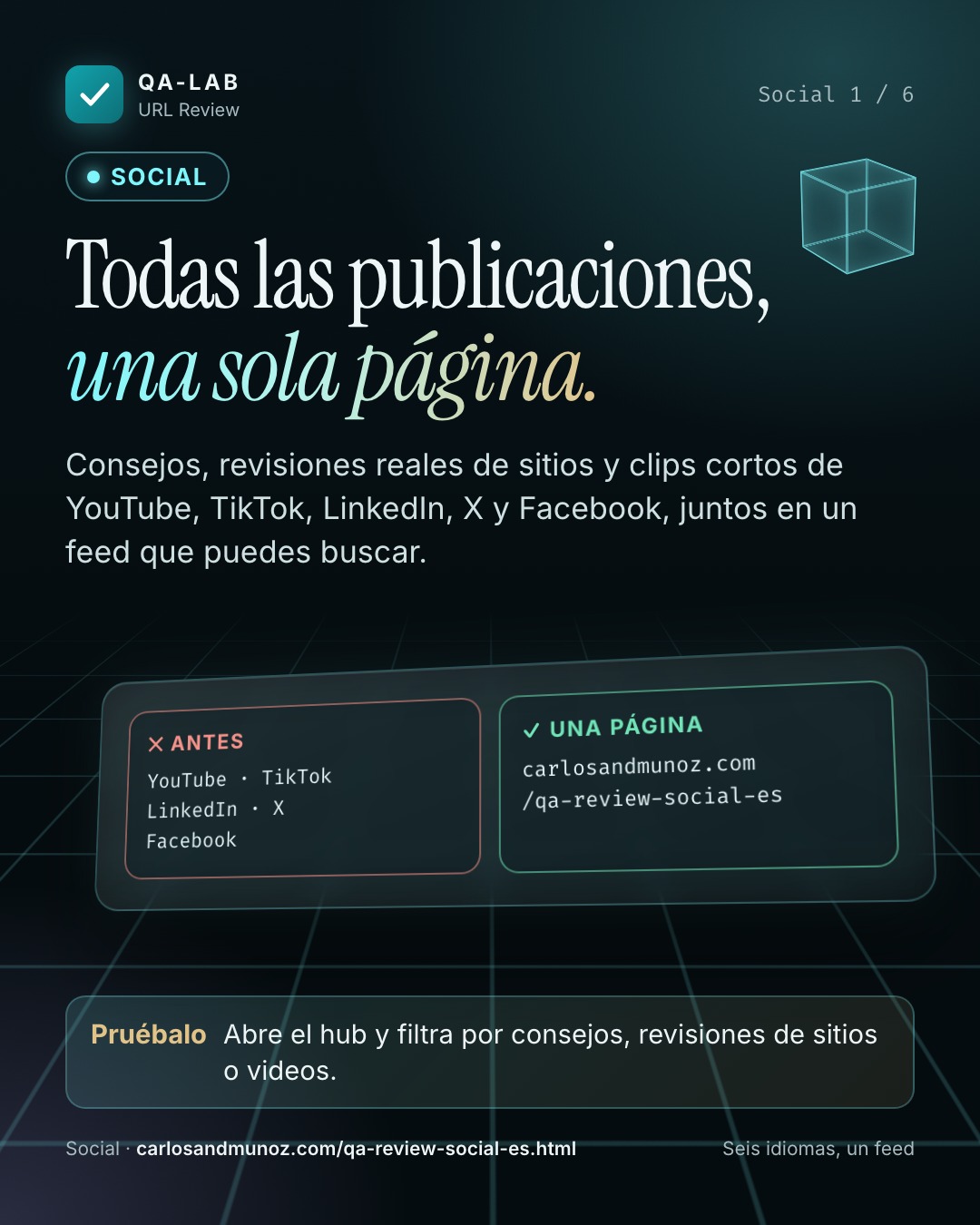 Todas las publicaciones, una sola página.. Consejos, revisiones reales de sitios y clips cortos de YouTube, TikTok, LinkedIn, X y Facebook, juntos en un feed que puedes buscar.