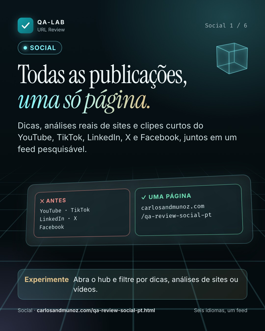 Todas as publicações, uma só página.. Dicas, análises reais de sites e clipes curtos do YouTube, TikTok, LinkedIn, X e Facebook, juntos em um feed pesquisável.
