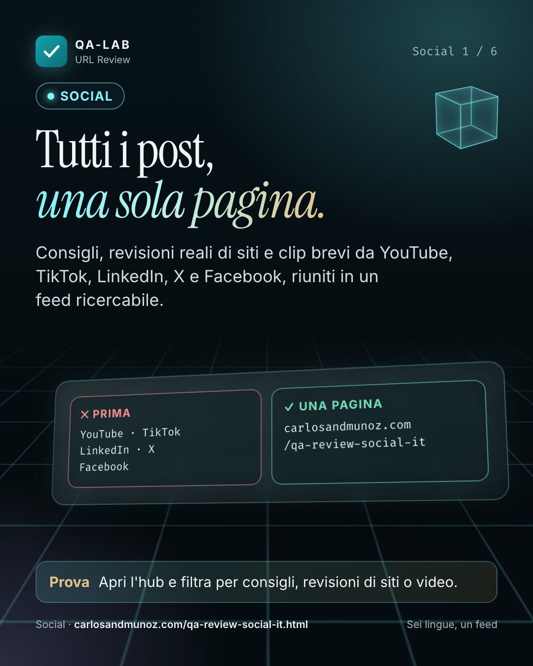 Tutti i post, una sola pagina.. Consigli, revisioni reali di siti e clip brevi da YouTube, TikTok, LinkedIn, X e Facebook, riuniti in un feed ricercabile.